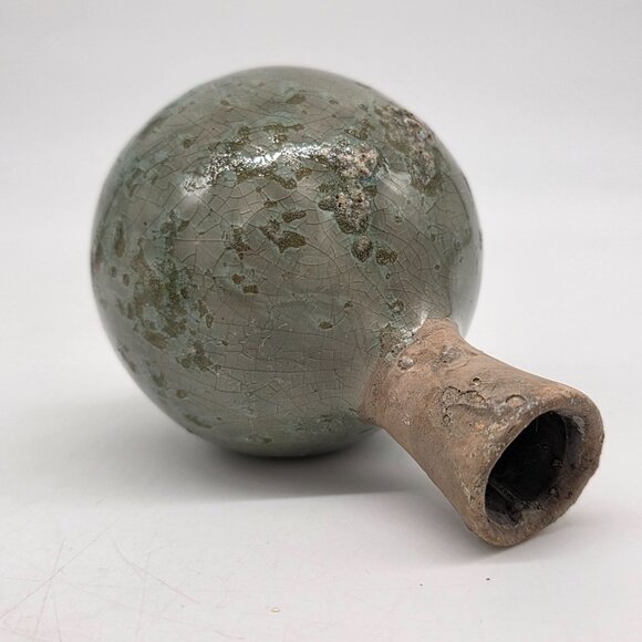 Vintage Small Brutalist Ceramic Vase Crackle Glaze & Rustic Green Brown 4.5" - Picture 7 of 7